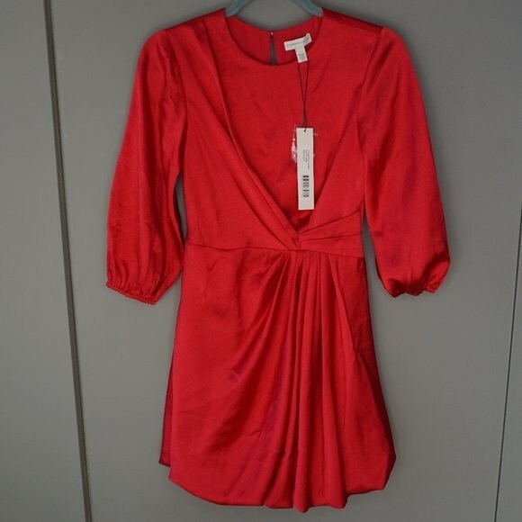 ML MONIQUE LHUILLIER Fuchsia Pink Draped Hammered-Satin Mini Dress size 0 NWT - Picture 1 of 11